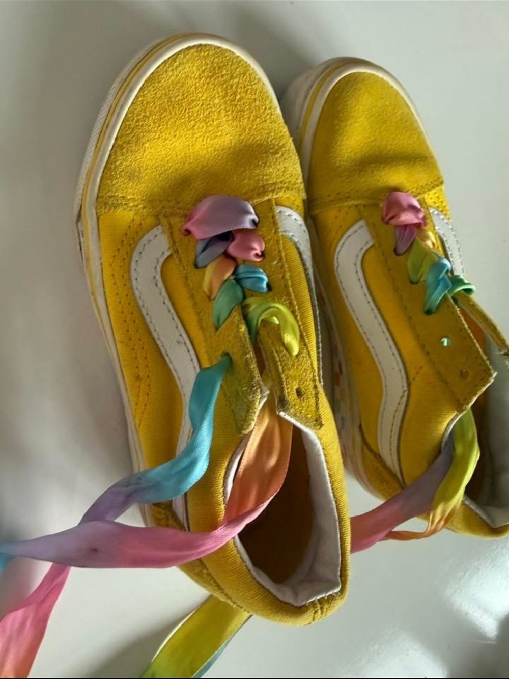 Yellow Vans Shoes with Rainbow Ribbon Laces